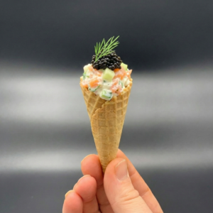 Mini Cone filled with lemon cream cheese, salmon, caviar and dill