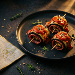 Mini skewer of grilled millefeuille eggplant & salami 20pc