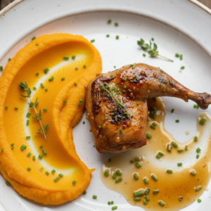 Roasted Quail leg in Homemade glaze sauce and sweet potatoes puree