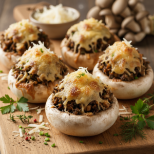 Filled mushrooms with herbal oyster mushrooms duxelles, parmesan rasp cheese & Herbs